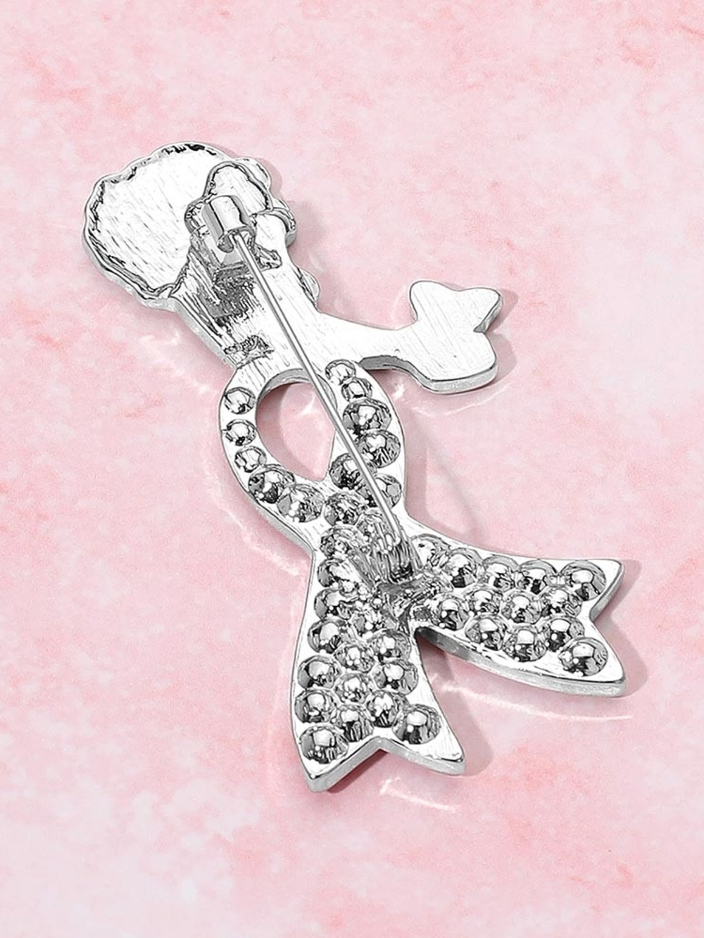 Pink Ribbon Pin Silver Rhinestone Bow Cancer Brooch Fashion Statement Accessory - Picture 2 of 4